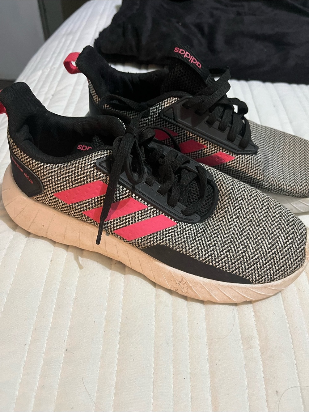 adidas Kids Black Knit Sneakers with Pink Stripes